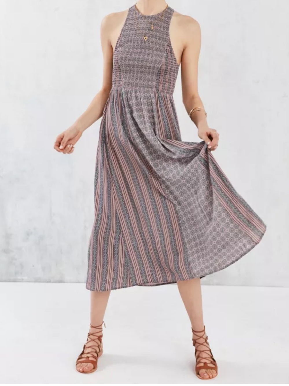Kimchi Blue Mixed-Print Smocked Midi Dress with elastic waist